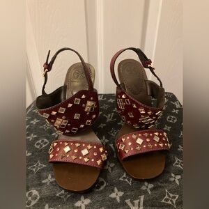Tory Burch Wood Wedge Heels Burgundy Studded 7.5
